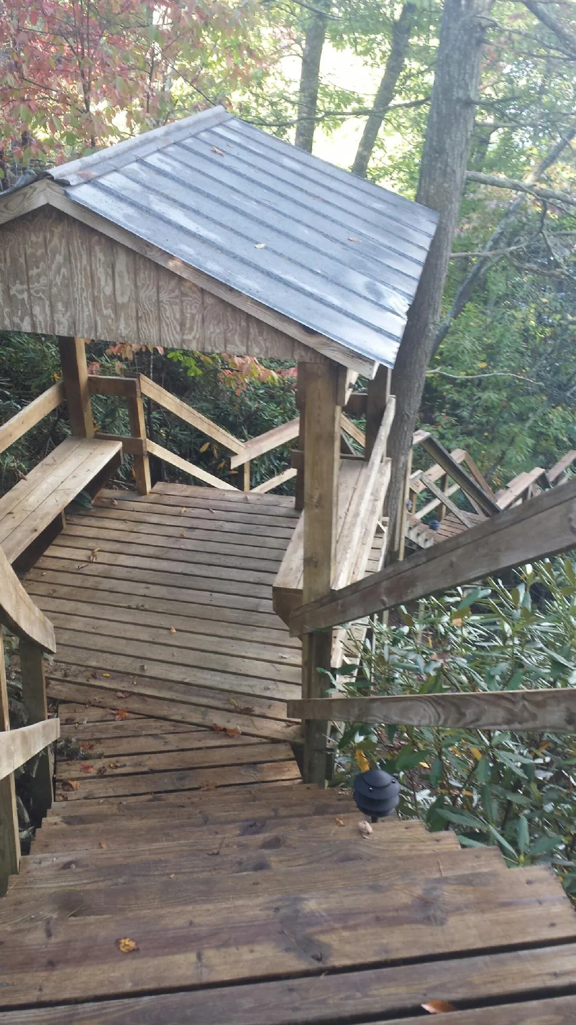 Metal roofed shelter over wooden steps on a wooded walkway — Skylight Repair & Installation work by our crew in Limestone